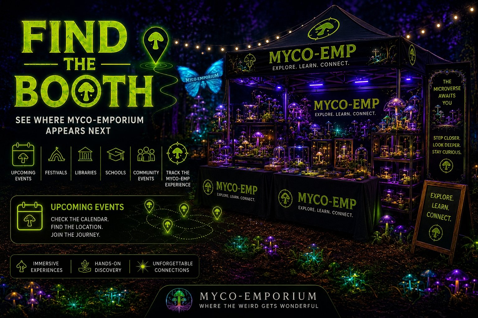 Find the Myco-Emporium booth at upcoming markets, festivals, schools, libraries, and community events