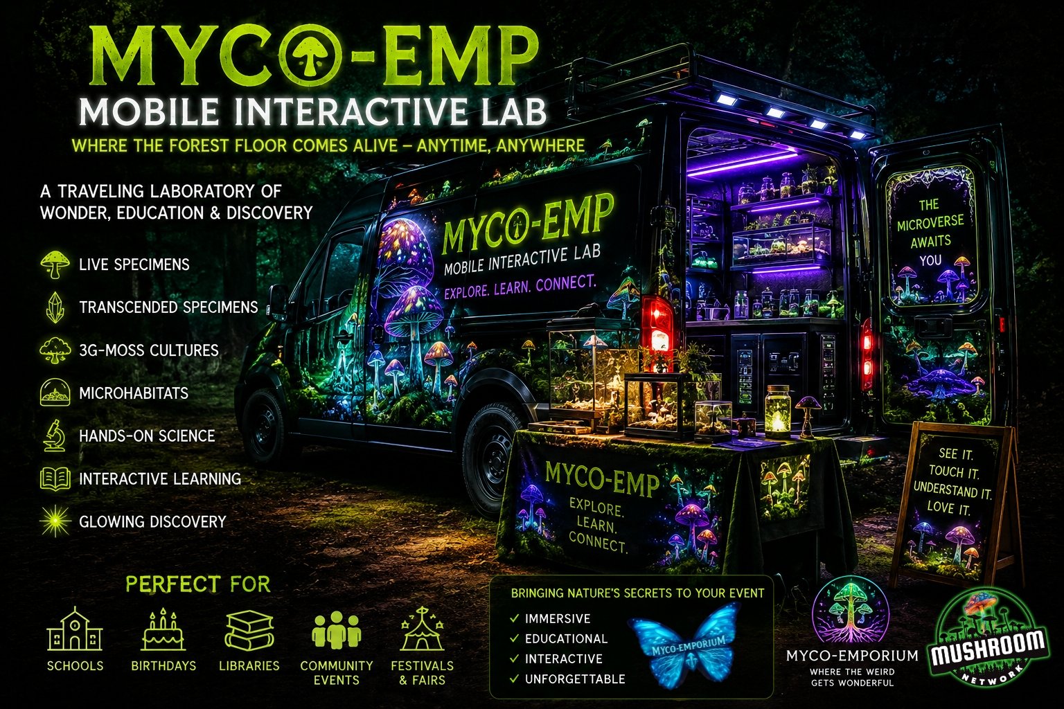 Myco-EMP Mobile Interactive Lab featuring live specimens, microhabitats, glowing exhibits, and hands-on science