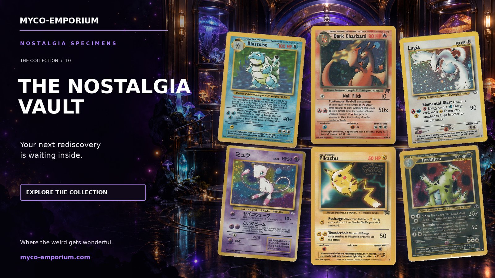 Myco-Emporium Nostalgia Vault promotional artwork featuring vintage collectible cards.